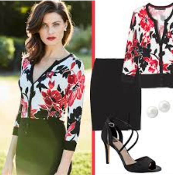 White House Black Market Dresses & Skirts - White House Black Market Sz Small Red Black White Floral Cardigan